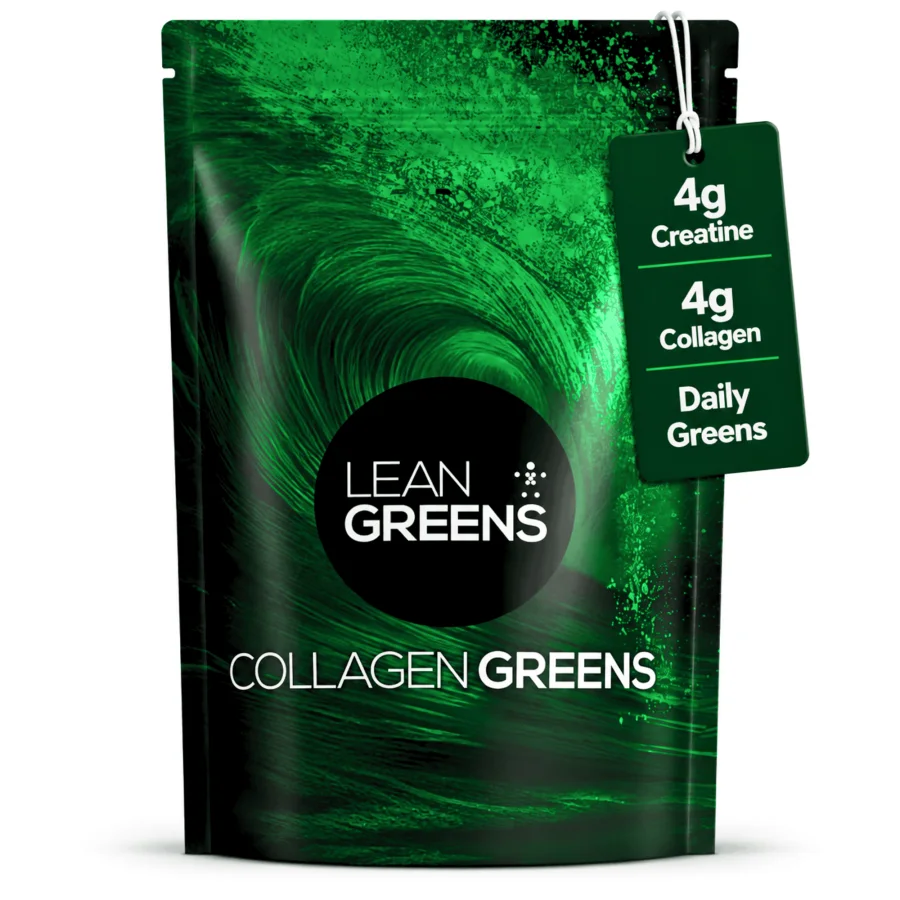 A pouch of Collagen Greens with its label tag reading 4g creatine, 4g collagen, daily greens
